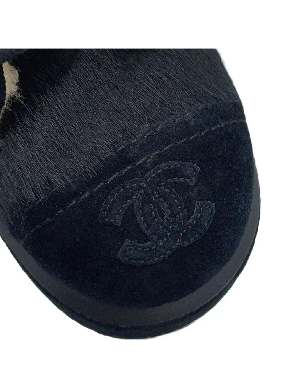 Chanel Short Boots CC Logo Calf Hair Suede 35c Shoes Black